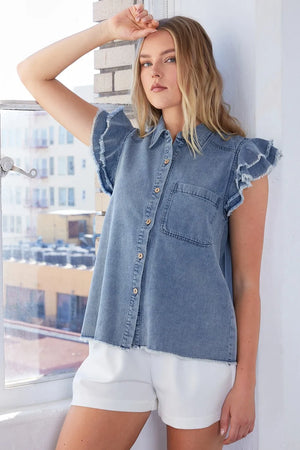 Mittoshop Washed Denim Ruffle Short Sleeve Collared Shirt - Handbags Specialist Headquarter