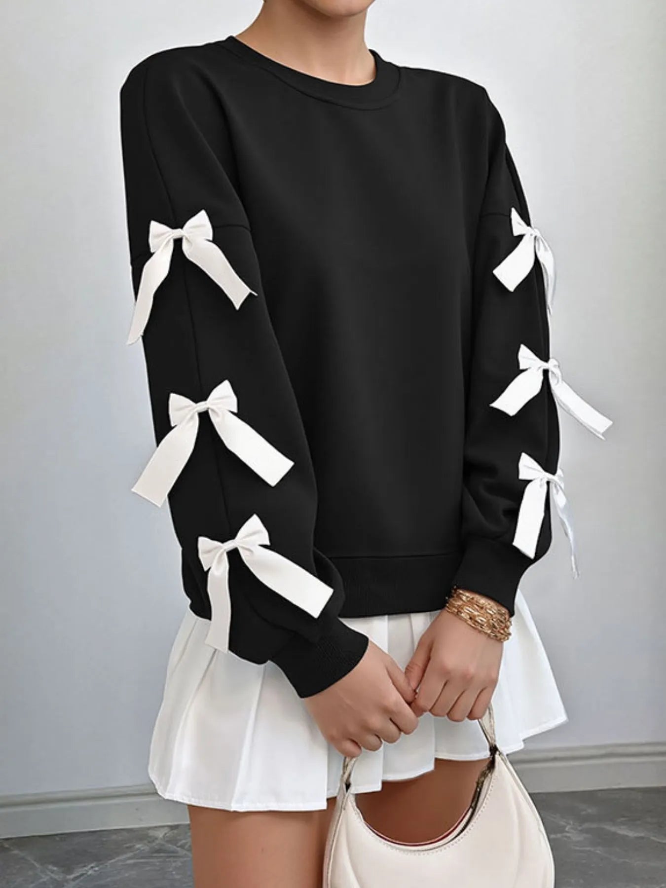 Bow-Detailed Sleeve Round Neck Sweatshirt