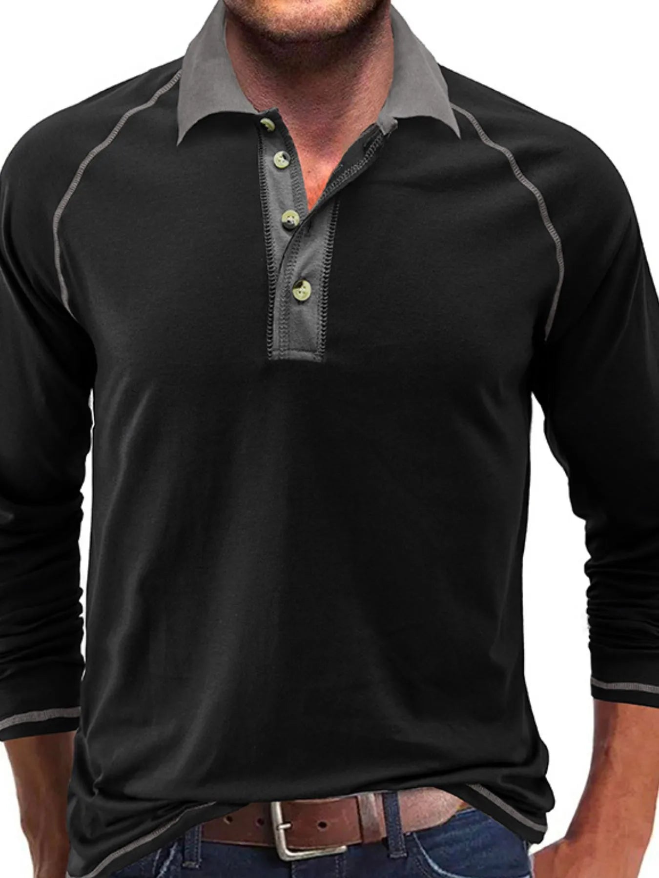 Men's Contrast Collar Long Sleeve Polo Shirt