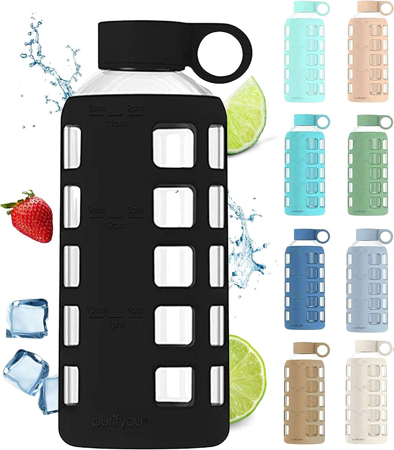  40/32 / 22/12 oz Glass Water Bottles with Volume & Times to Drink, Silicone Sleeve & Stainless Steel Lid Insert, Reusable Bottle for Fridge Water, Milk, Juice (12oz Hazelnut) 