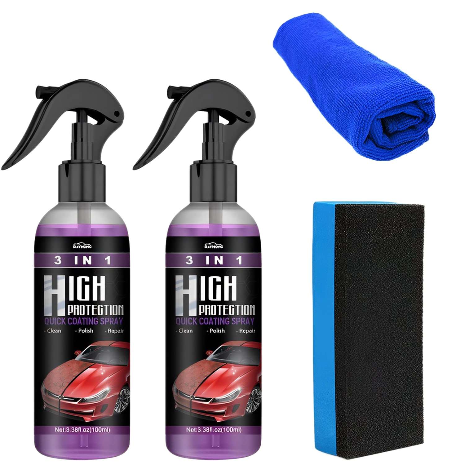  3 in 1 High Protection Quick Coating Spray, Car Scratch Nano Repair Spray, Car Coating Fast Wax Polishing Spray (2Pcs*100ml+Brush Cloth) 