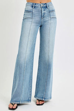RISEN Full Size Mid Rise Wide Jeans with Front Patch Pocket Plus Size - Handbags Specialist Headquarter