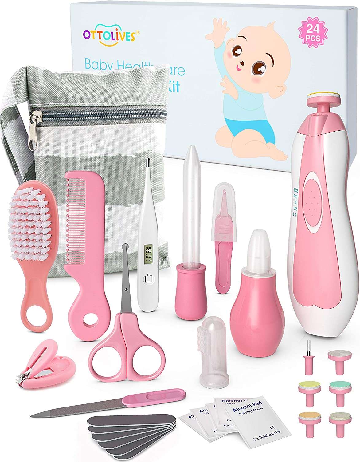  Baby Healthcare and Grooming Kit, 24 in 1 Baby Electric Nail Trimmer Set Newborn Nursery Health Care Set for Newborn Infant Toddlers Baby Boys Girls Kids Haircut Tools (0-3 Years+) (Pink) 