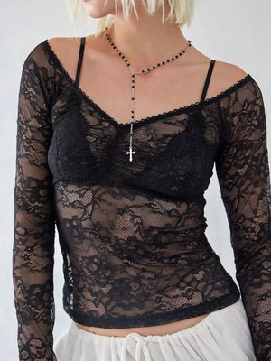 Lace Sheer Long Sleeve T-Shirt - Handbags Specialist Headquarter