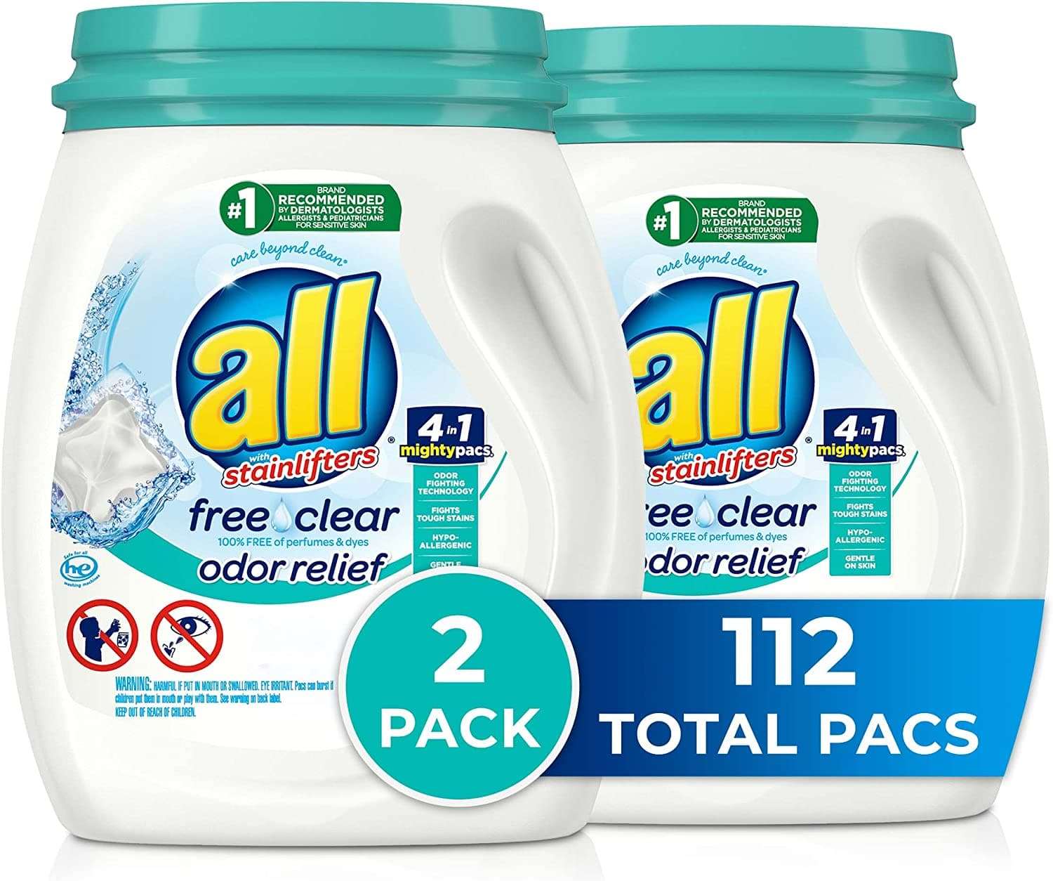  All Mighty Pacs Waschmittel, freier klarer Geruchsverzicht, Wanne, 56 Stück (2er-Pack), 112 Gesamtladungen 