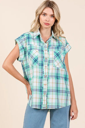 Mittoshop Mineral Wash Plaid Button Down Shirt - Handbags Specialist Headquarter