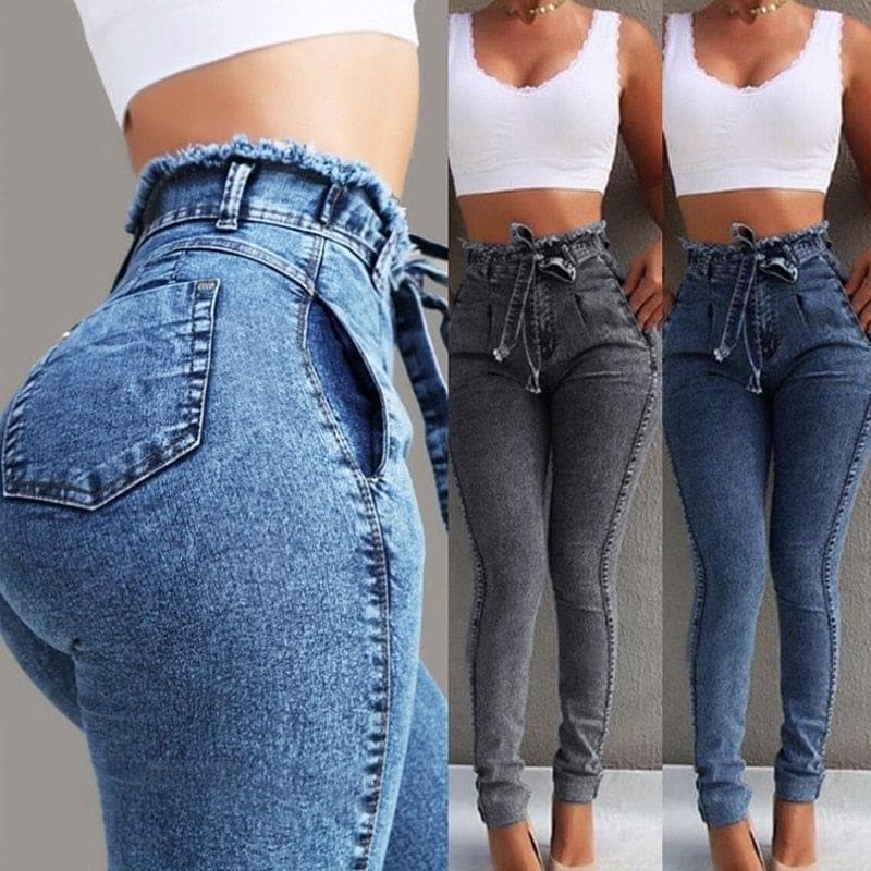  High Waist Jeans Damen Streetwear Bandage Denim Plus Size Jeans Femme Pencil Pants Skinny Jeans Woman 