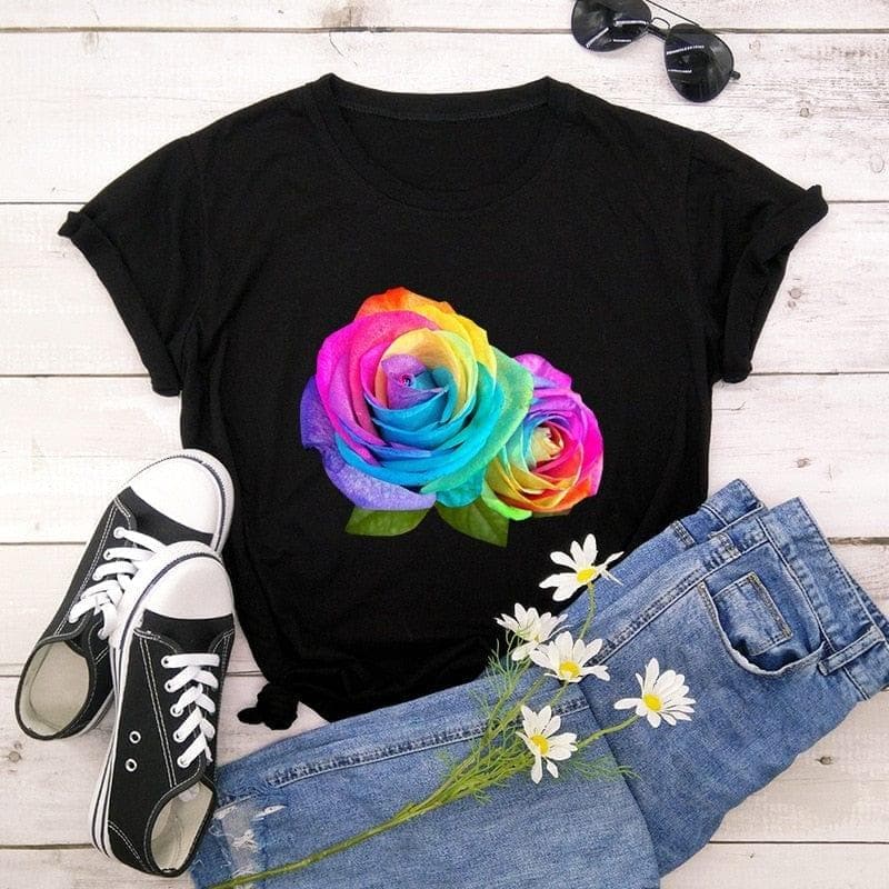  Sommer-Baumwollfrauen-T-Shirt 5XL plus Größen-buntes Blumen-Druck-Kurzschluss-Hülsen-Frauen-T-Stücke-Hemd-Oberseiten-beiläufiges O-Ansatz-weibliches T-Shirt 