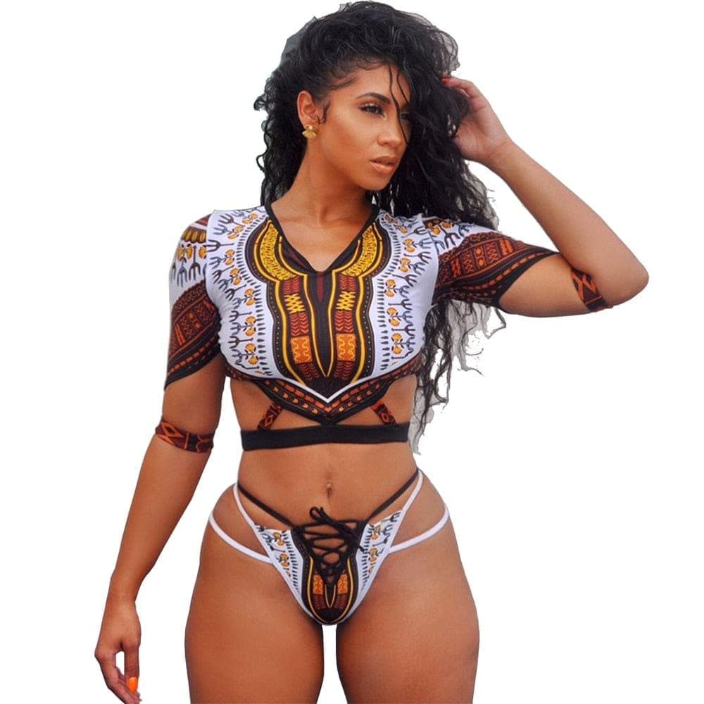  Afrikanischer Kurzarm-Badeanzug Dashiki Print Bikini Set Bikinis Damen Tanga Bademode Damen Plus Size Badeanzüge Badeanzug 