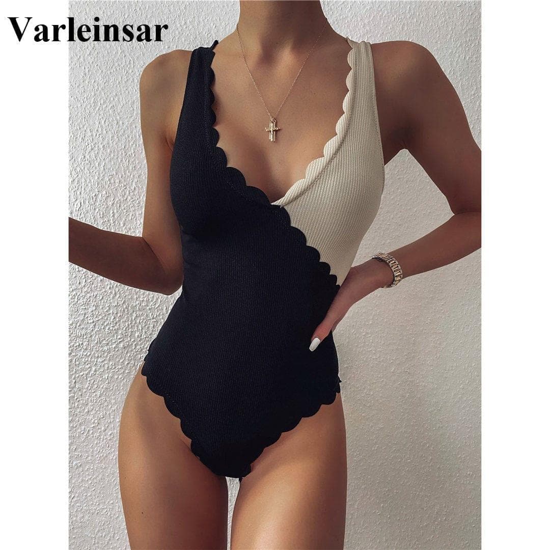  2020 Überbacken Schwarz Beige Splicing High Cut Badeanzug Frauen Bademode Weibliche Gerippte Badende Badeanzug Swim Lady V2425 