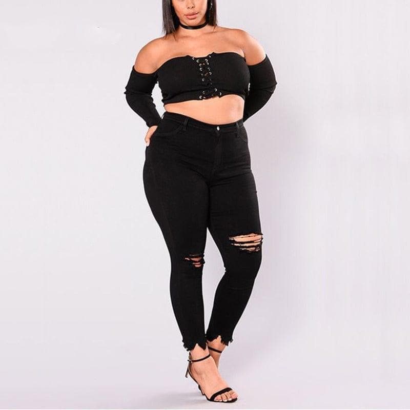  Damen Löcher Plus Size Jeans Hosen Dünne Elastische Bleistifthose Mittlere Taille Schwarze Jeans Frau Lässige Frühlingshose 2-7XL 