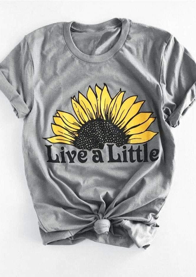  T-Shirt Live A Little Sunflower Kurzarm O-Neck T-Shirt Damen Hellgrau 2018 Sommer T-Shirt Damen Tops Tee 