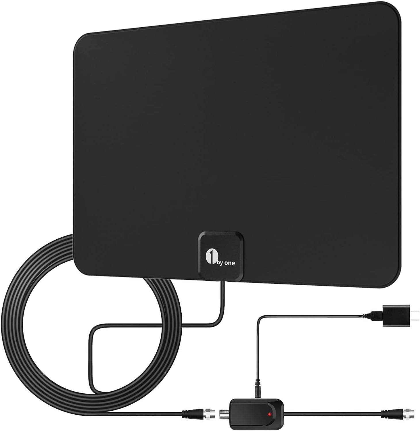  1byone Amplified HD Digital TV Antenna - Support 4K 1080p and All Older TV's - Indoor Smart Switch Amplifier Signal Booster - Coax HDTV Cable/AC Adapter 