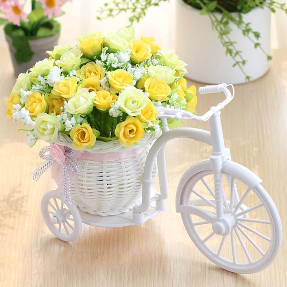  HYLOOD Mini Tricycle with Artificial Flower, Plant Stand Garden Nostalgic Bicycle Decorative Tricycle Flower Basket Mini Garden with Artificial Flower for Home Wedding Decoration 