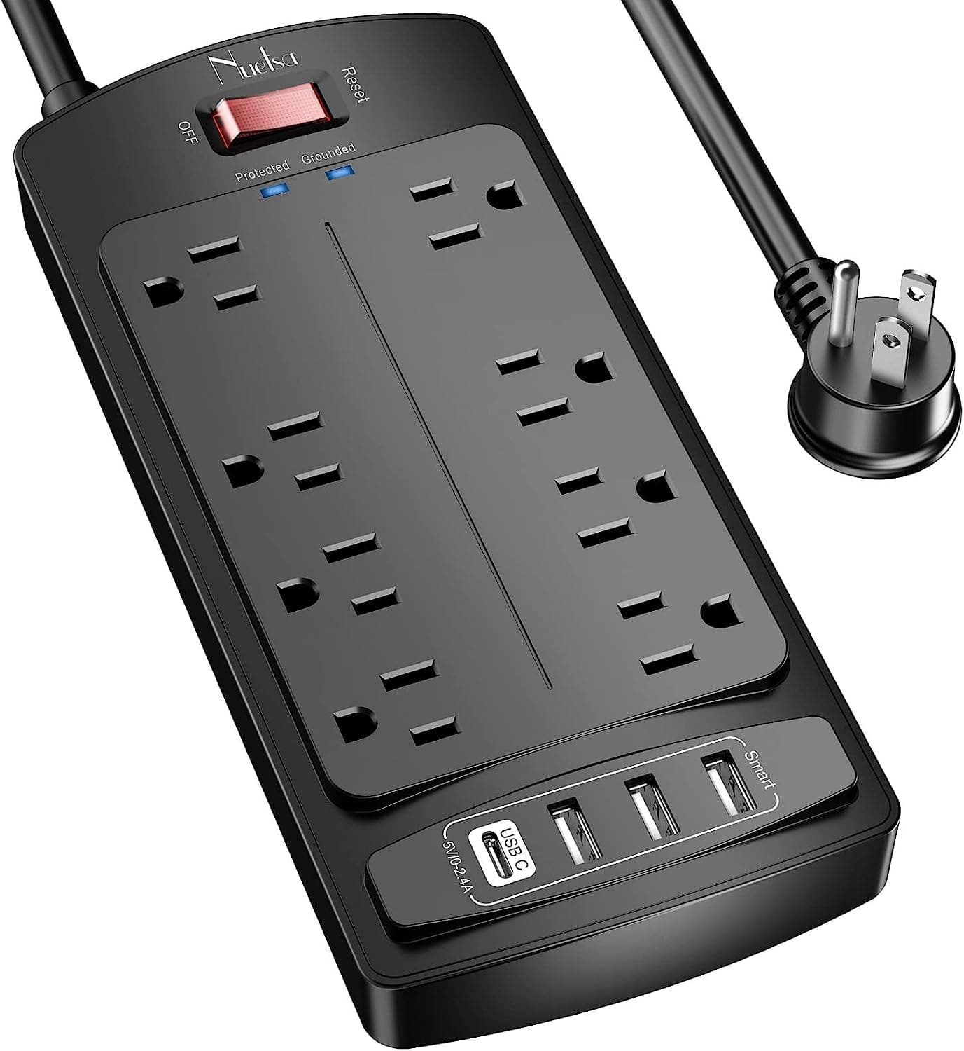  Surge Protector Power Strip - Nuetsa Flat Plug Extension Cord with 8 Outlets and 4 USB Ports, 6 Feet Power Cord (1625W/13A), 2700 Joules, ETL Listed, Black 