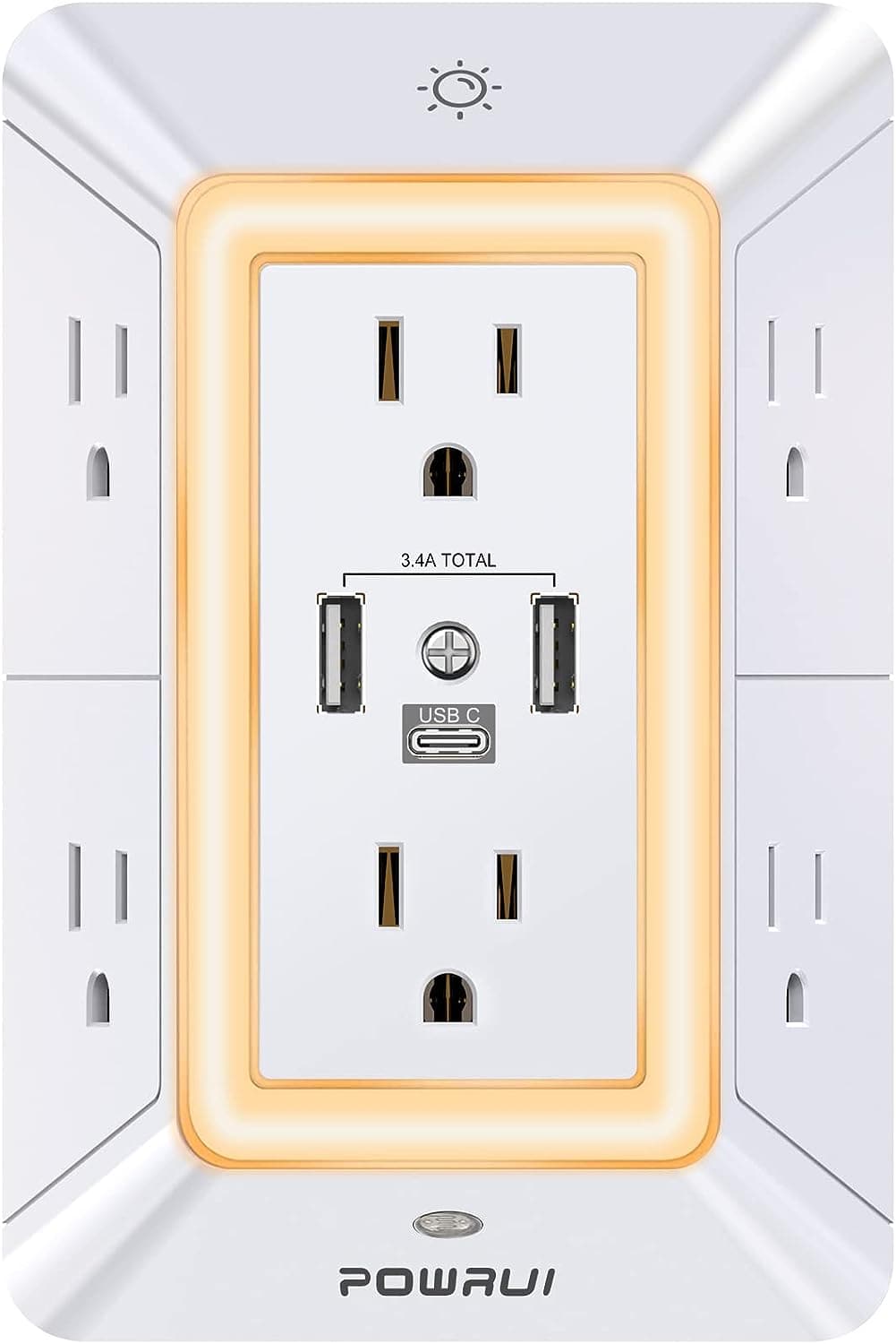  Surge Protector USB Outlet Extender - POWRUI Multi Plug with 6 Outlet Splitter and 3 USB Charging Ports and Night Light,3-Sided Power Strip with Adapter Spaced Outlets - White,ETL 