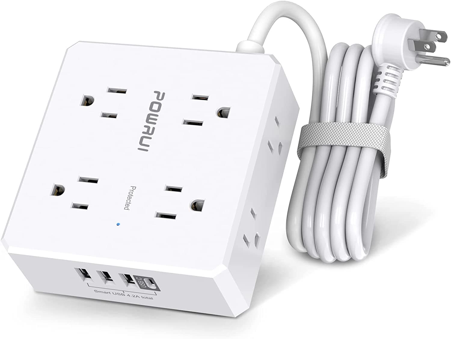  Surge Protector Power Strip - 6 Ft Flat Plug Extension Cord with 8 Widely Outlets and 4 USB Ports(1 USB C), 3 Side Outlet Extender for Home Office, White, ETL Listed 