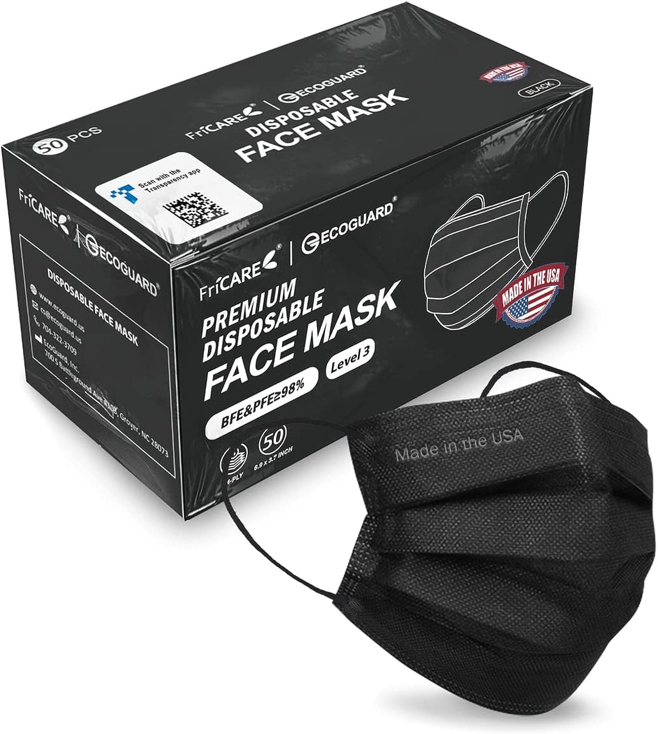  FriCARE Made in USA, 4-ply Black Disposable Face Mask ECOGUARD, ASTM Level 3 Performance Proven in Third Party Independent Labs Studies Pack of 50 