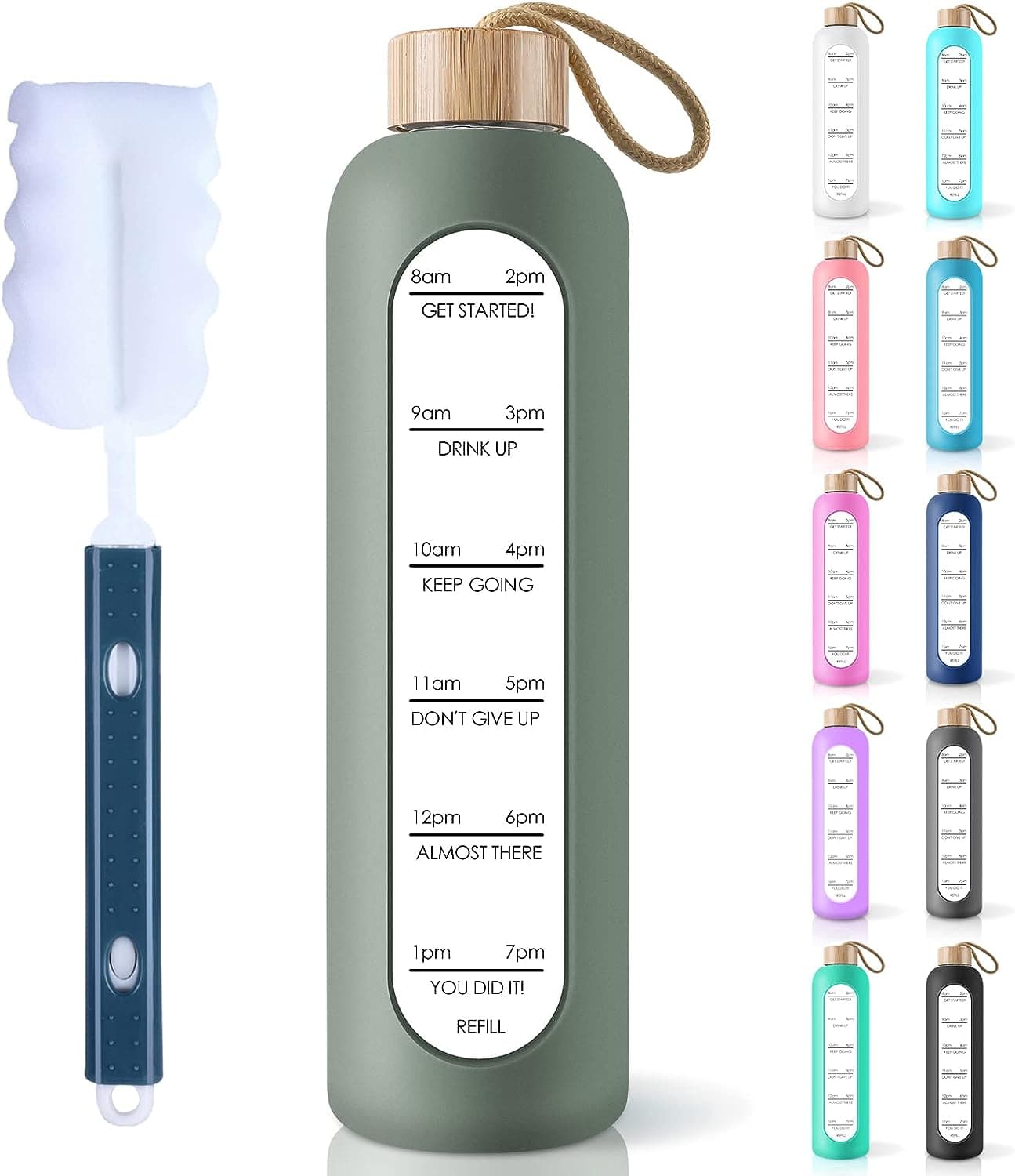  PROBTTL 32 Oz Borosilicate Glass Water Bottle with Time Marker Reminder Quotes, Leak Proof Reusable BPA Free Motivational Water Bottles with Silicone Sleeve and Bamboo Lid 