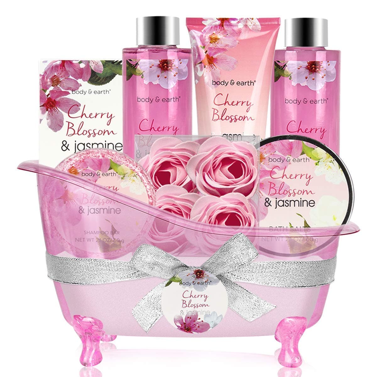  Women-Spa Gift Baskets Body Earth 8-teiliges Damen-Badeset mit Kirschblüten-Jasmin-Duft Schaumbad, Duschgel, Körper- und Handlotion, Badesalz, Geschenkset für Frauen, Valentinstagsgeschenke 