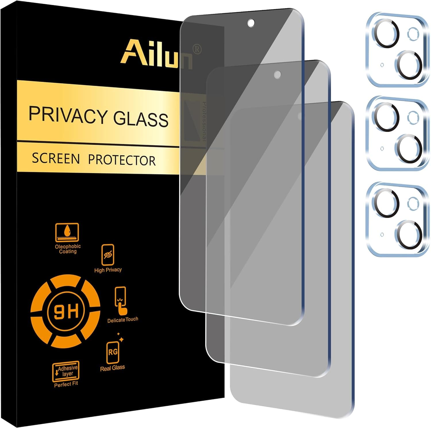  Ailun 3Pack Privacy Screen Protector for iPhone 15 Pro Max [6.7 inch]+3Pack Camera Lens Protector,Sensor Protection,Dynamic Island Compatible,Anti Spy Tempered Glass[9H Hardness]-HD[Black][6 Pack] 