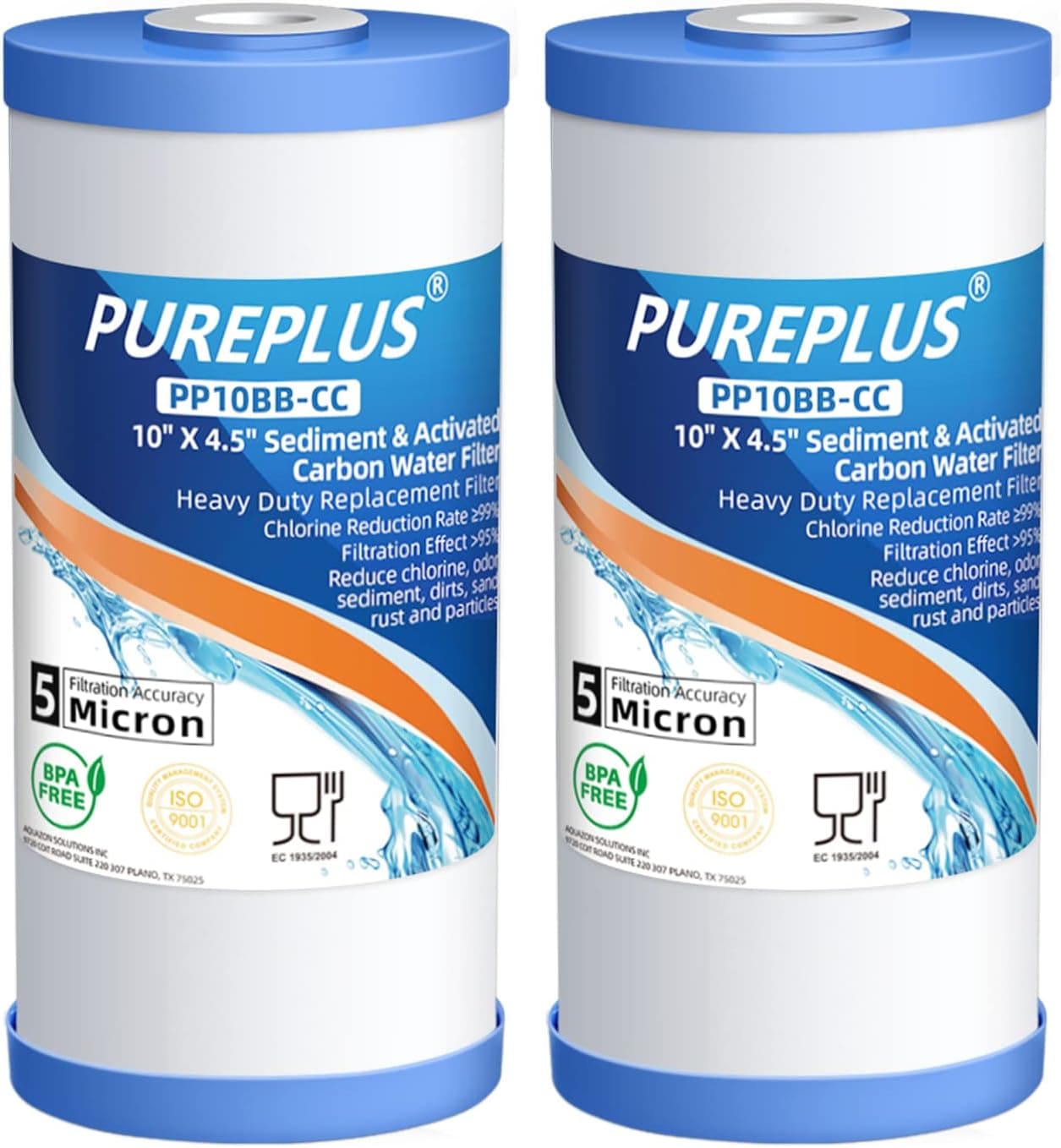  PUREPLUS 5 Micron 10" x 4.5" Whole House Sediment and Carbon Water Filter Replacement Cartridge for GE FXHTC, GXWH40L, GXWH35F, GNWH38S, Culligan RFC-BBSA, WRC25HD, PP10BB-CC, Pentek RFC-BB, 2Pack 