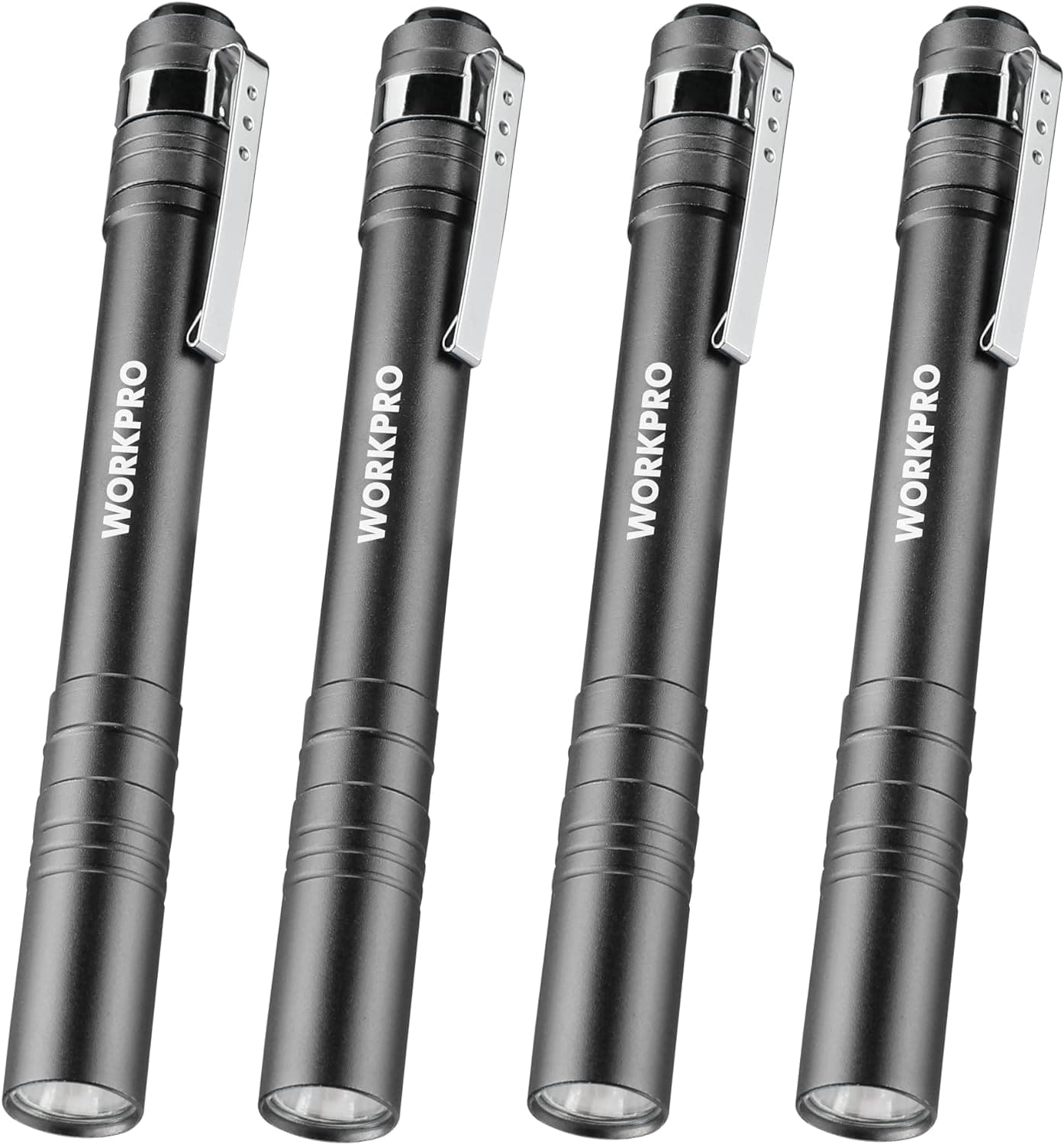  WORKPRO LED Pen Light Set, Battery-Powered Aluminum Handheld Flashlights, Pocket Torch Penlight with High Lumens for Camping, Outdoor, Emergency, Everyday, 8AAA Batteries Included, Blue (4-Pack) 