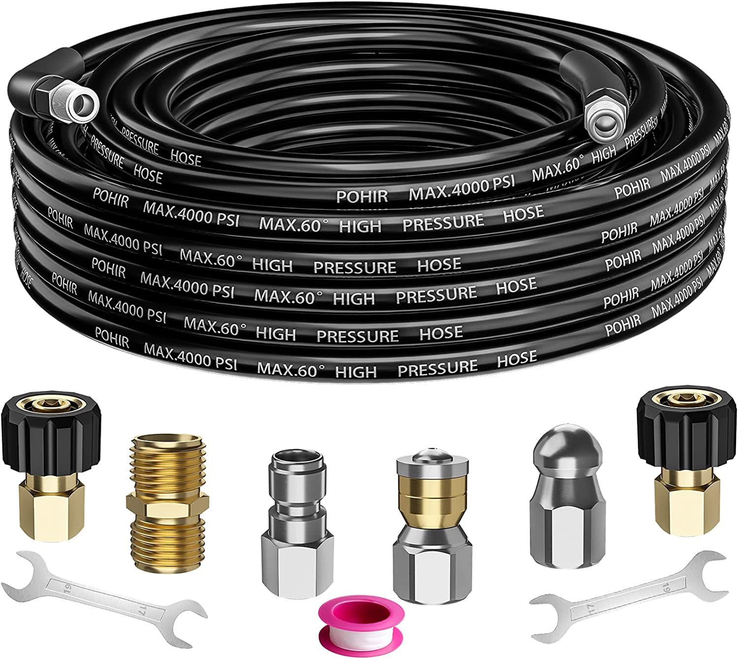  Sewer Jetter Kit for Pressure Washer 50 ft, Hydro Drain Jetter Cleaner Hose with 1/4 Female NPT, Button Nose, Rotating Sewer Jet Nozzle and Pressure Washer Adapter, 4000 PSI Drain Cleaner Hose 