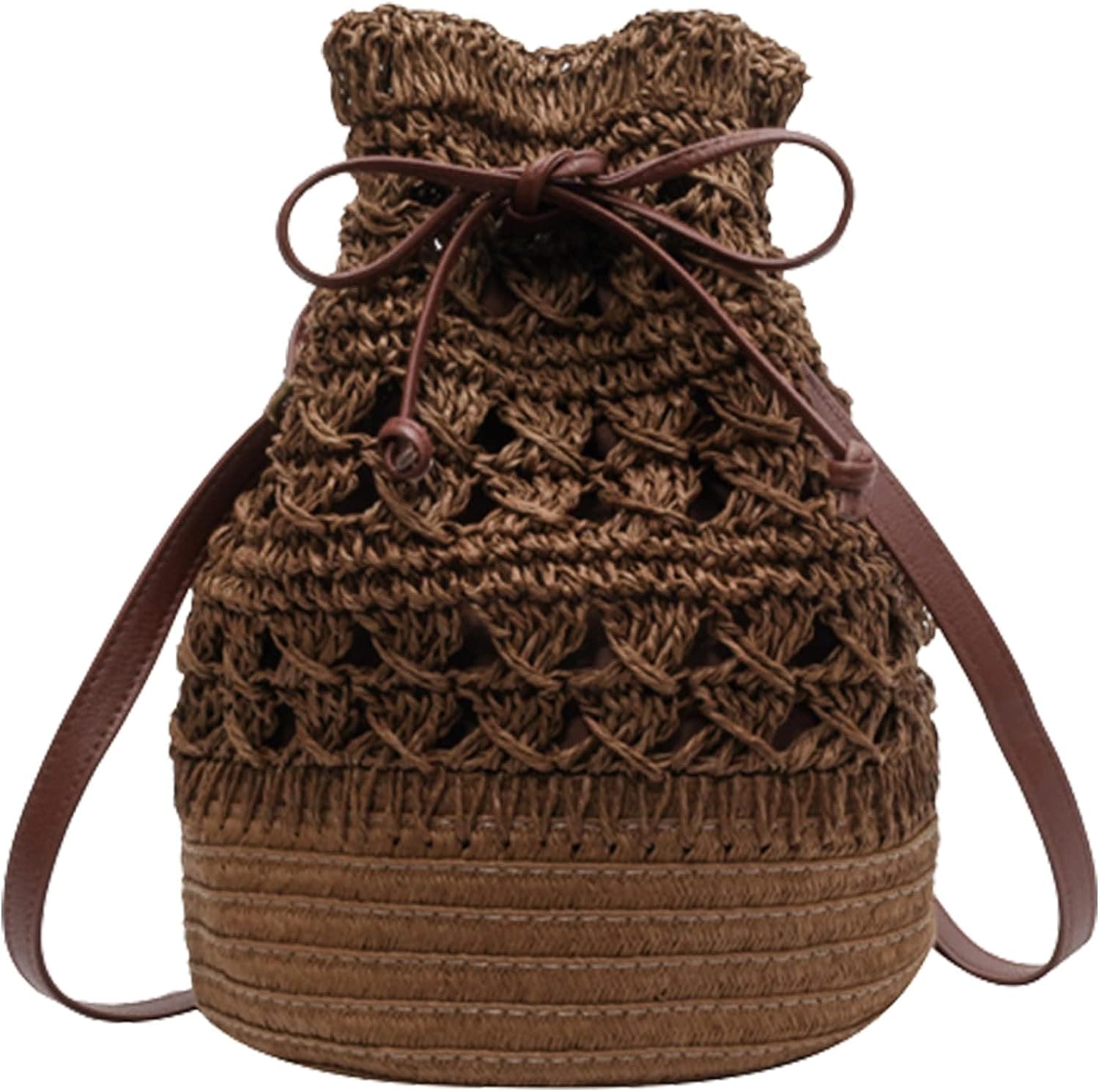  OWGSEE Straw Bucket Bag for Women, Summer Woven Beach Bag Drawstring Hobo Bucket Purses Handbag for Vacation 