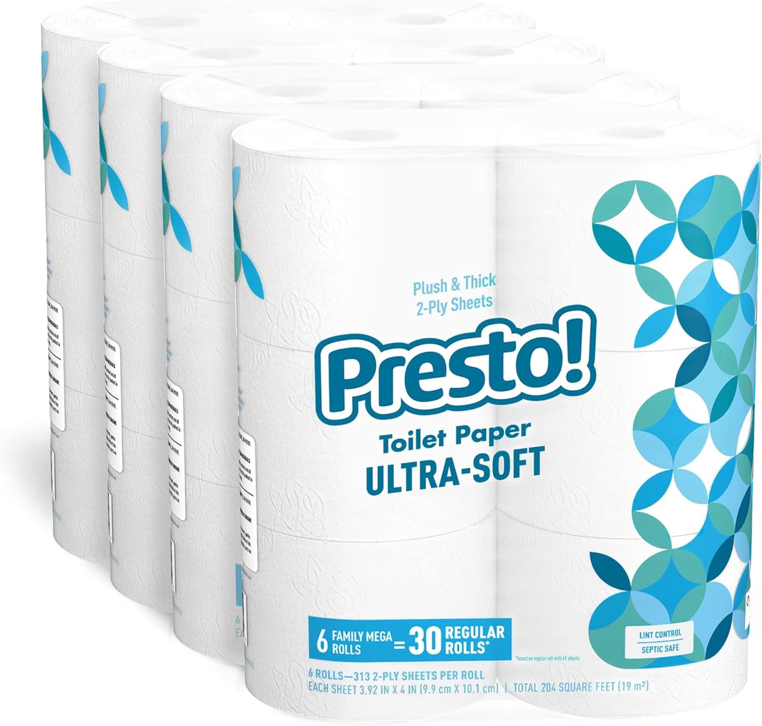  Presto! 2-Ply Toilet Paper, Ultra-Soft, Unscented, 24 Rolls (4 Packs of 6), Equivalent to 120 regular rolls 