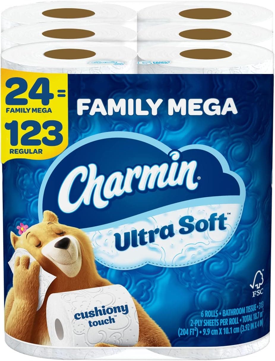  Charmin Ultra Soft Cushiony Touch Toilet Paper, 24 Family Mega Rolls = 123 Regular Rolls 