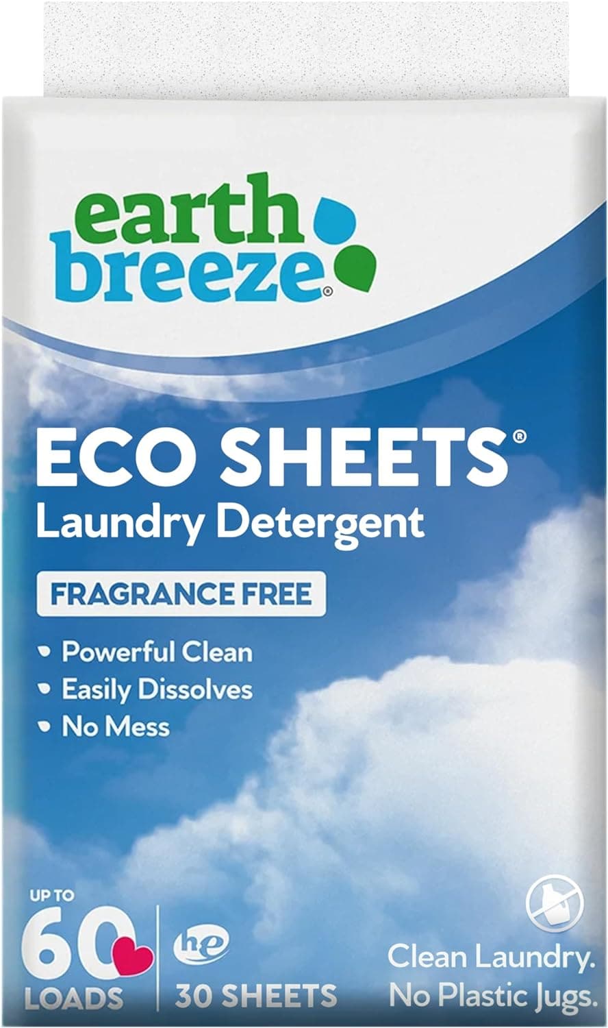  Earth Breeze Laundry Detergent Sheets - Fresh Scent - No Plastic Jug (60 Loads) 30 Sheets, Liquidless Technology… 