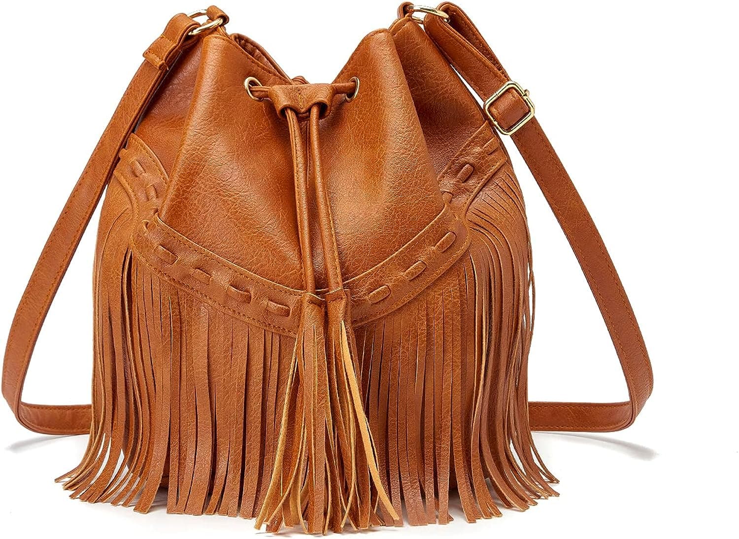  Leather Bucket Bags for Women Crossbody Purses with Drawstring Ladies Tassel Hobo and Shoulder Handbags 