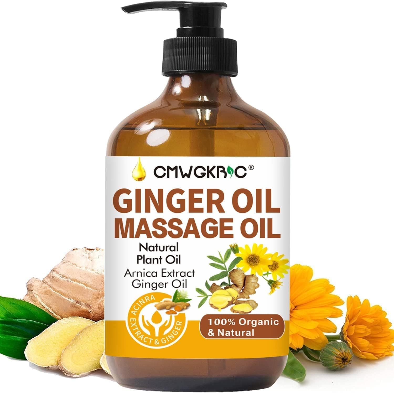  Ginger Oil, Ginger Massage Oil for Lymphatic Drainage, Arnica Oil, Natural Massage Oil with Grape Seed Oil, Arnica Extract, Vitamin E Oil and Ginger Oil-Warming and Relaxing 