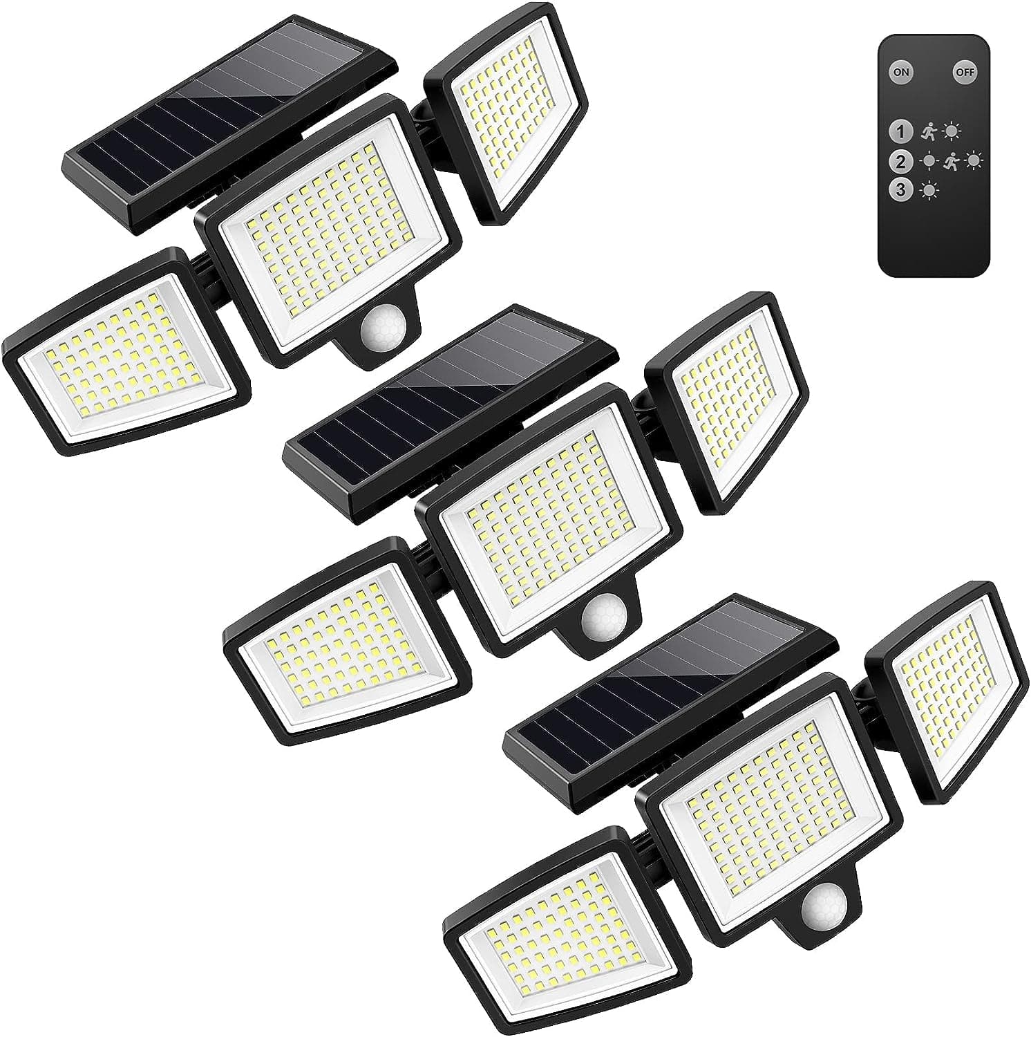  Tuffenough Solar Outdoor Lights 2500LM 210 LED Security Lights with Remote Control,3 Heads Motion Sensor Lights, IP65 Waterproof,270° Wide Angle Flood Wall Lights with 3 Modes(2 Packs) 