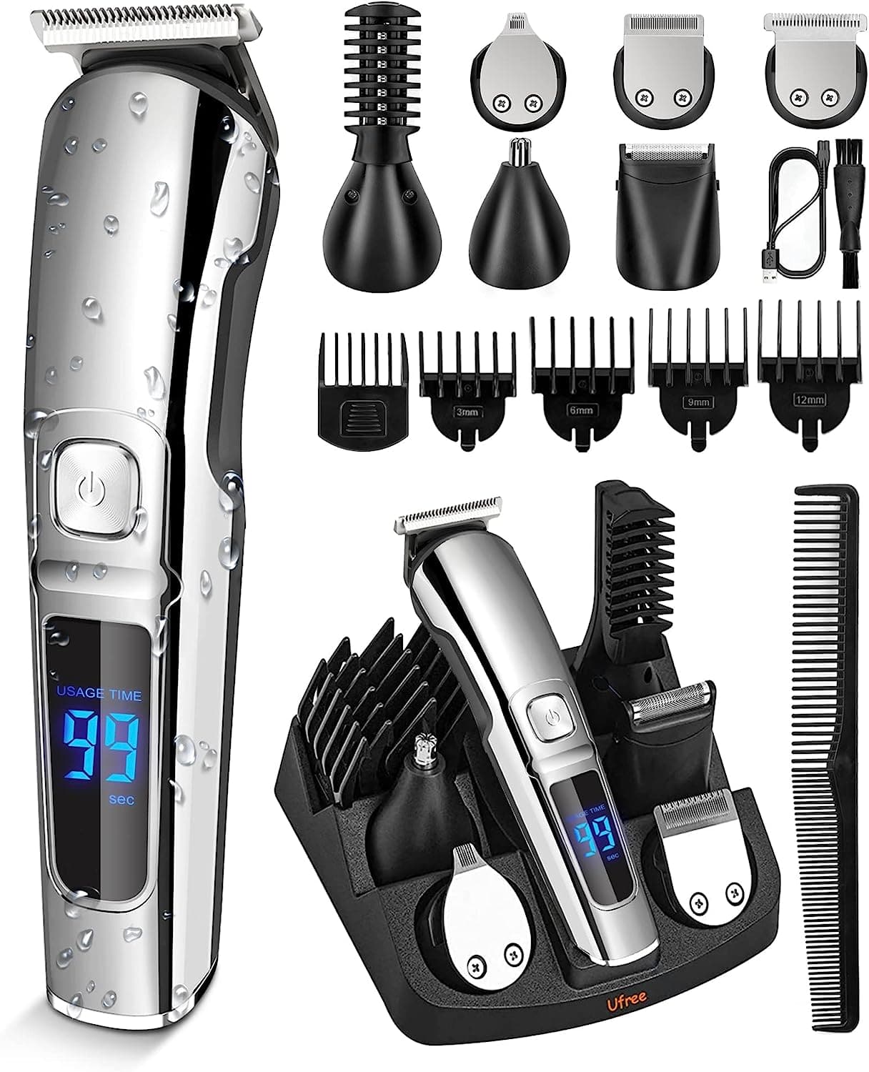  Ufree Beard Trimmer for Men, Waterproof Electric Razor Nose Hair Trimmer, Cordless Hair Clippers Shavers for Men, Mustache Body Face Beard Grooming Kit, Gifts for Men Husband Father 