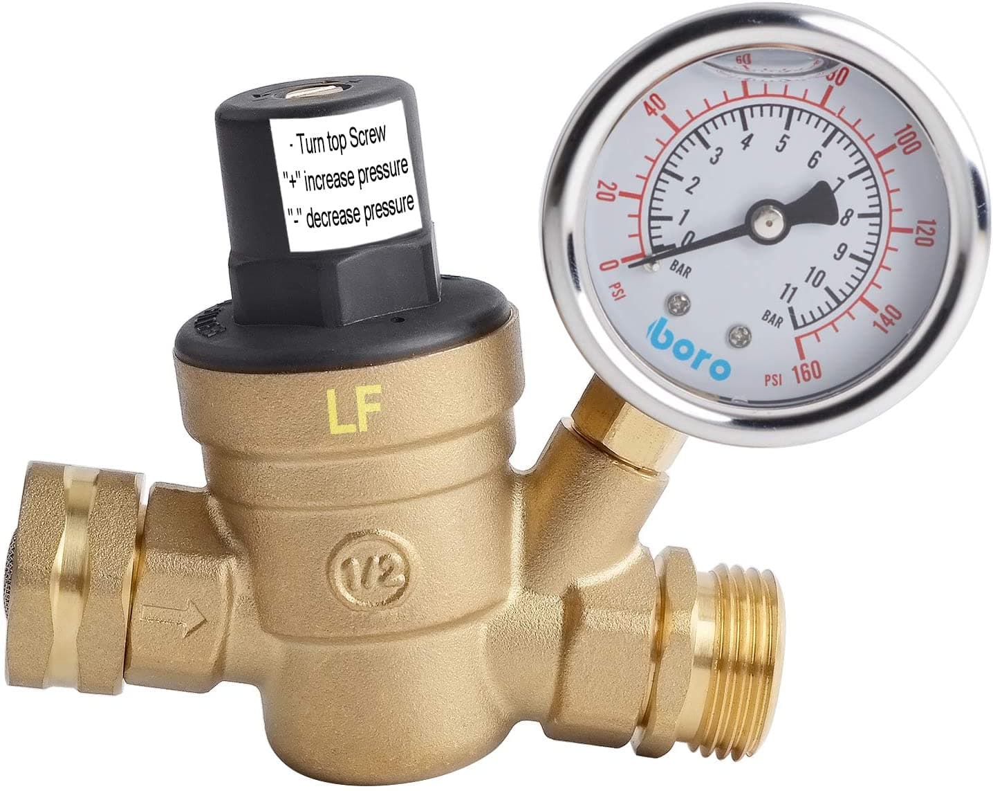  Hydro Master Water Pressure Regulator Brass Valve with Gauge for RV Camper, Pressure Range 0-160PSI / 0-11Bar 