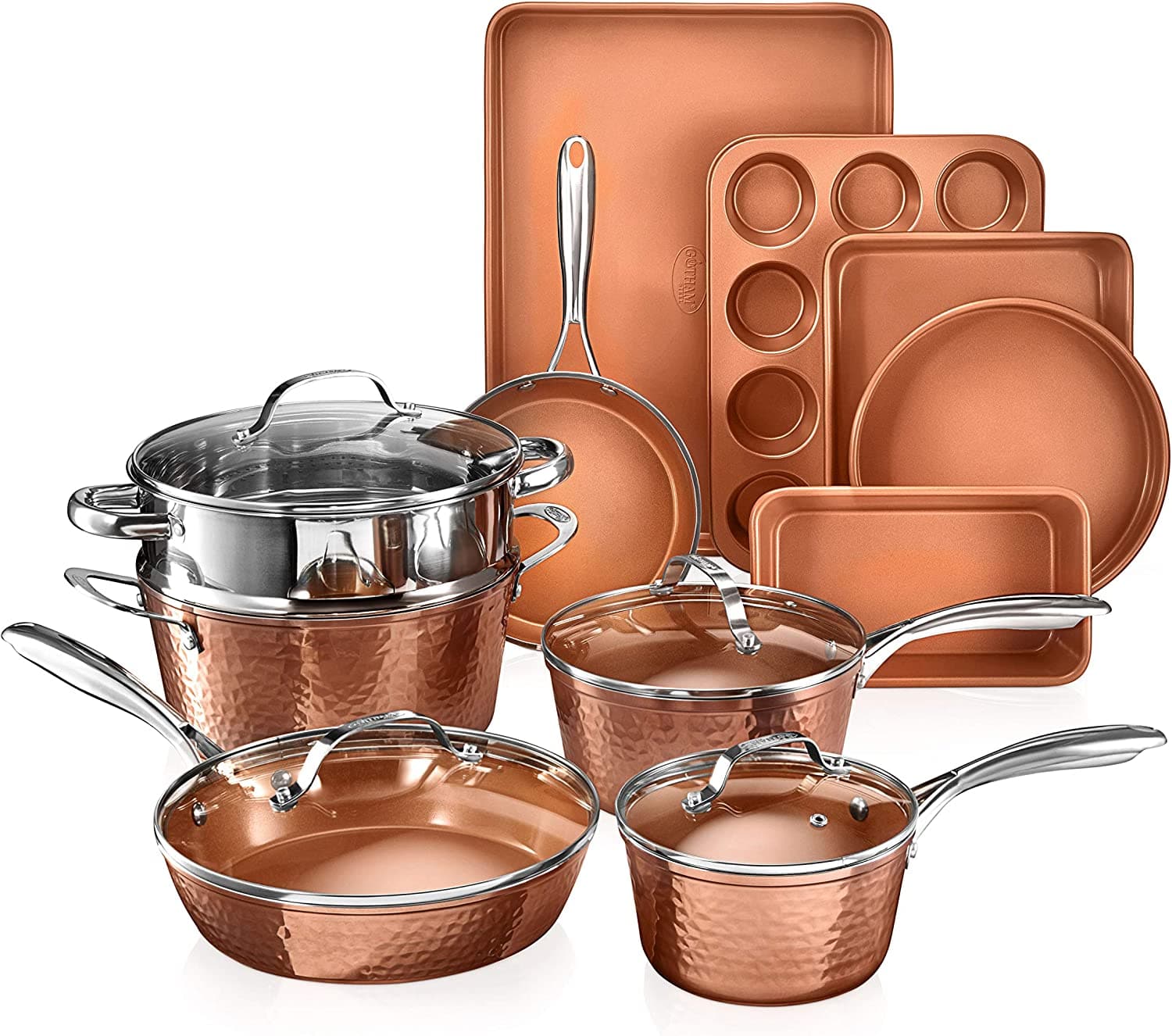  Copper Collection – 15-teiliges Premium-Kochgeschirr- und Backgeschirr-Set mit Antihaftbeschichtung, Aluminiumzusammensetzung – enthält Bratpfannen, Suppentöpfe, Backgeschirr-Set und mehr, spülmaschinenfest 