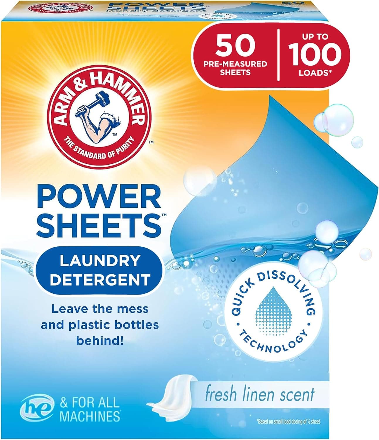  Arm & Hammer Power Sheets Laundry Detergent, Fresh Linen 50ct, up to 100 Small Loads (Packaging may vary) 