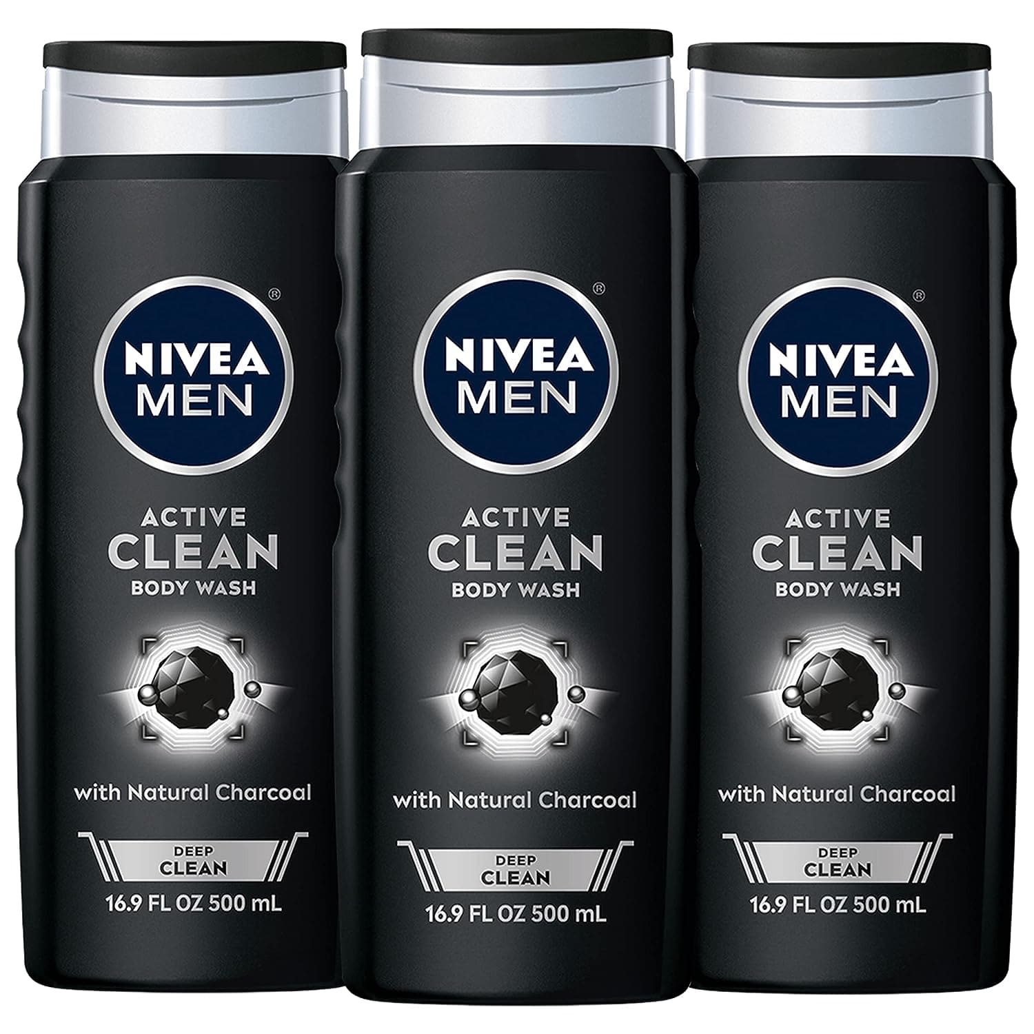  Nivea Men DEEP Active Clean Charcoal Body Wash, Cleansing Body Wash with Natural Charcoal, 3 Pack of 16.9 Fl Oz Bottles 