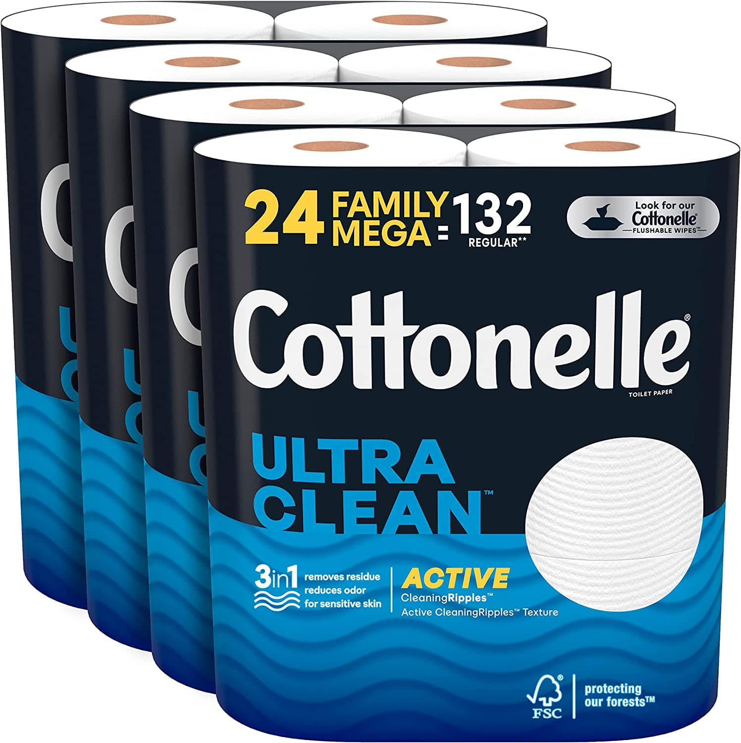  Cottonelle Ultra Clean Toilet Paper with Active CleaningRipples Texture, Strong Bath Tissue, 24 Family Mega Rolls (24 Family Mega Rolls = 132 Regular Rolls) (4 Packs of 6), 388 Sheets per Roll White 