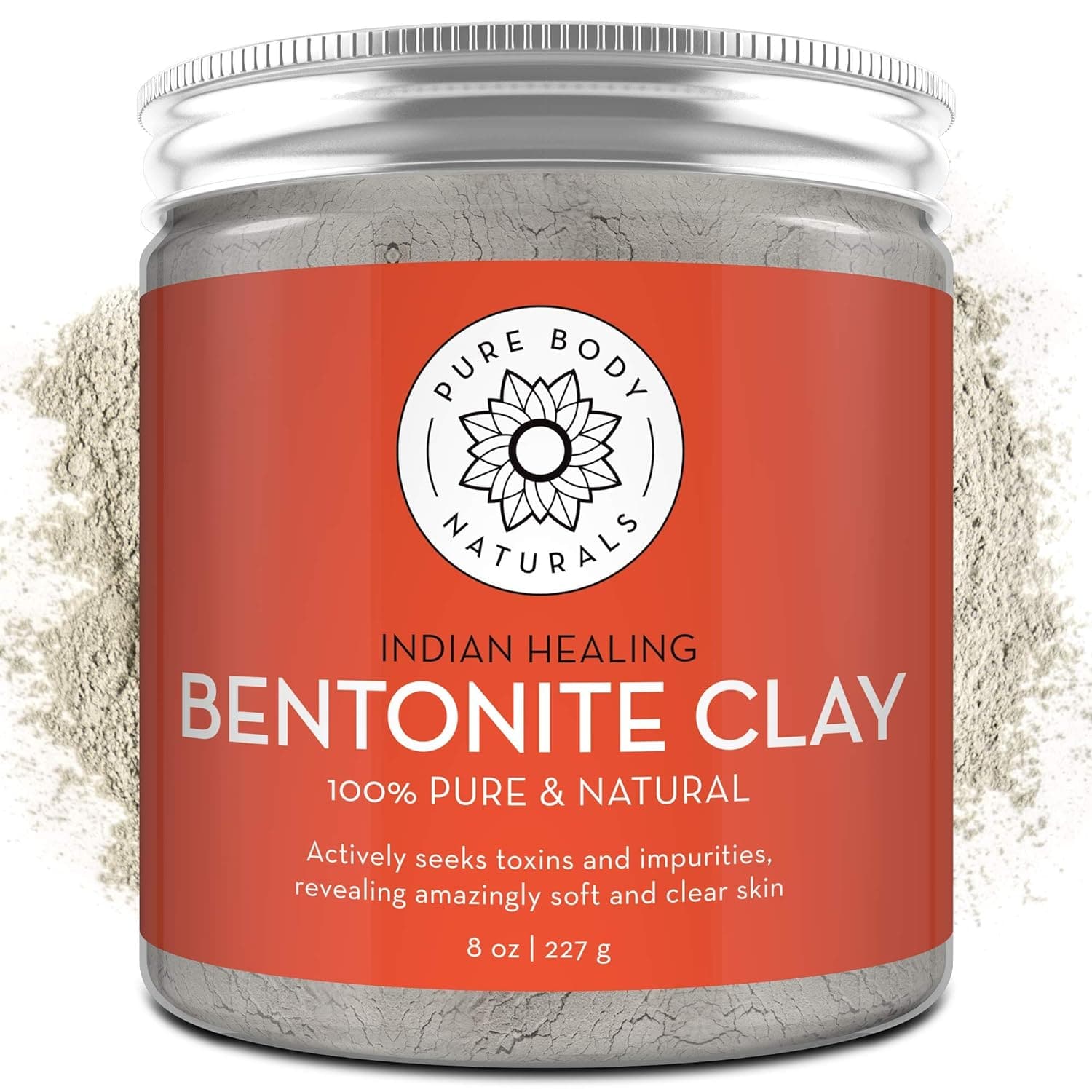  Pure Body Naturals Pure Bentonite Powder for DIY Detox Bath & Facial Mask, Pure Indian Healing Clay for Burns, Mastitis, Inflamed or Chapped Skin (8.0 oz) 