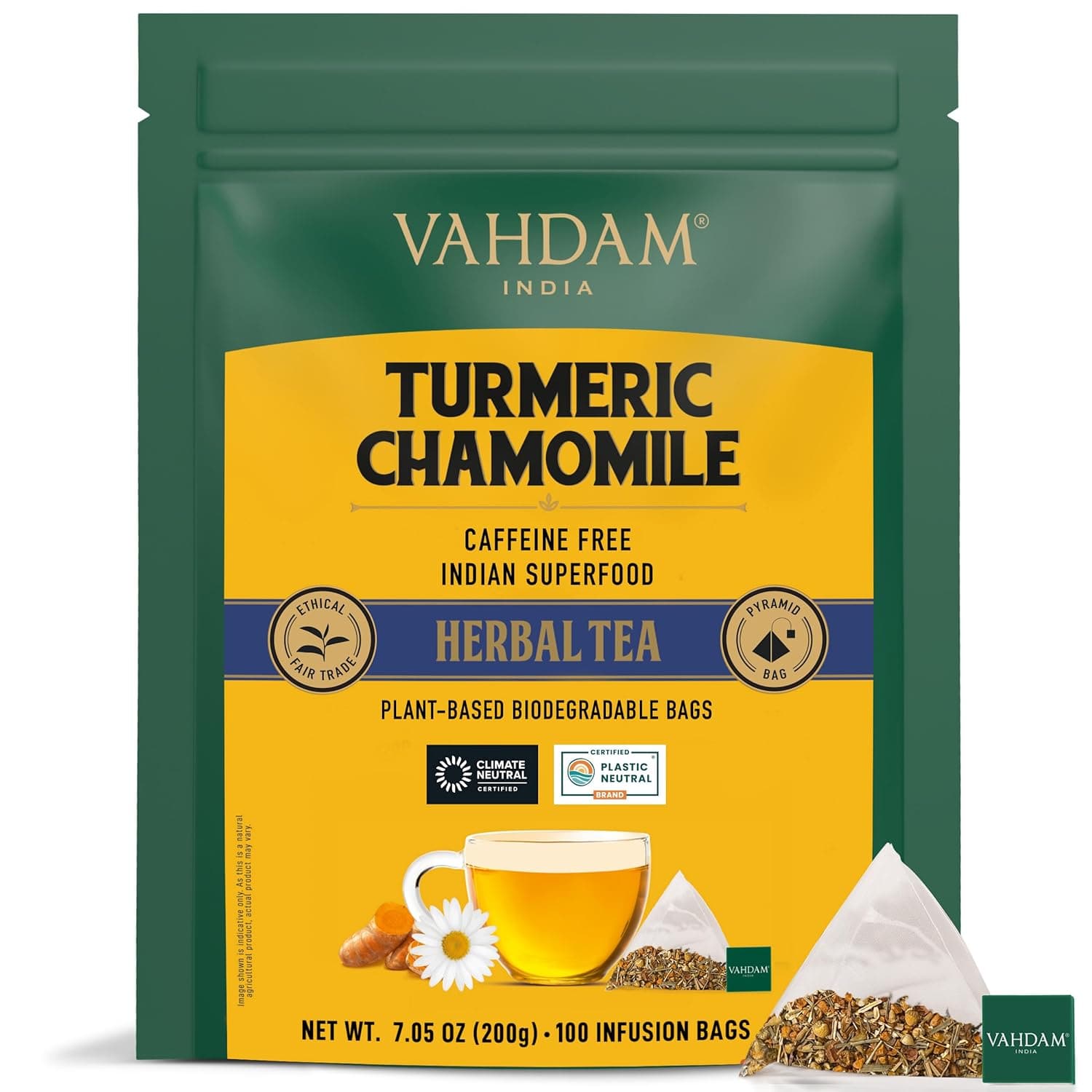  VAHDAM, Turmeric Ginger Herbal Tea Bags (100 Pyramid Tea Bags) Caffeine Free, Non GMO, Gluten Free | 100% Pure Herbal Blend - Savory & Spicy | Whole Loose Leaf Tea Bags 