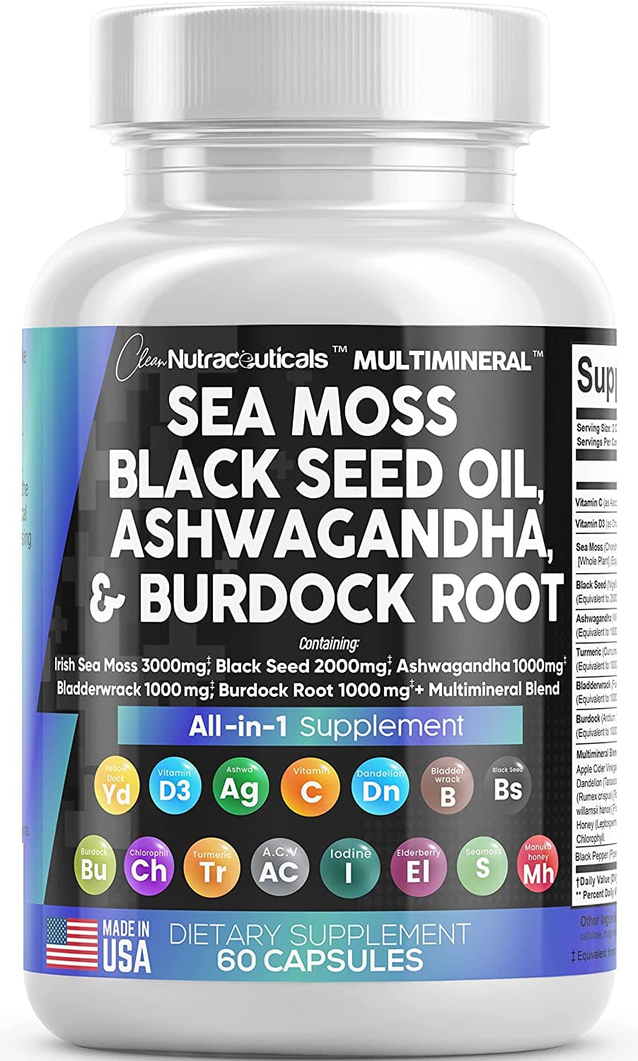  Sea Moss 3000mg Black Seed Oil 2000mg Ashwagandha 1000mg Turmeric 1000mg Bladderwrack 1000mg Burdock 1000mg & Vitamin C Vitamin D3 with Elderberry Manuka Dandelion Yellow Dock Iodine Chlorophyll ACV 