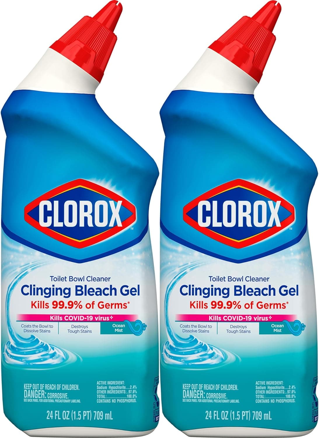  Clorox Toilet Bowl Cleaner, Clinging Bleach Gel, Ocean Mist - 24 Ounces, Pack of 2 