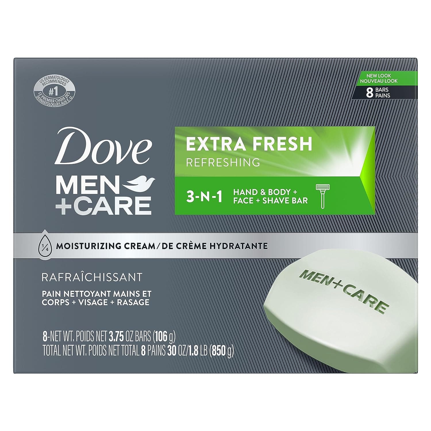  Dove Men+Care 3 in 1 Bar Cleanser for Body, Face, and Shaving Extra Fresh Body and Facial Cleanser More Moisturizing Than Bar Soap to Clean and Hydrate Skin 3.75 Ounce (Pack of 8) 