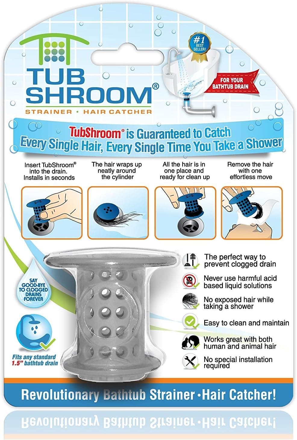  TubShroom Tub Hair Catcher Protector, Fits 1.5" - 1.75" Drain, Gray 