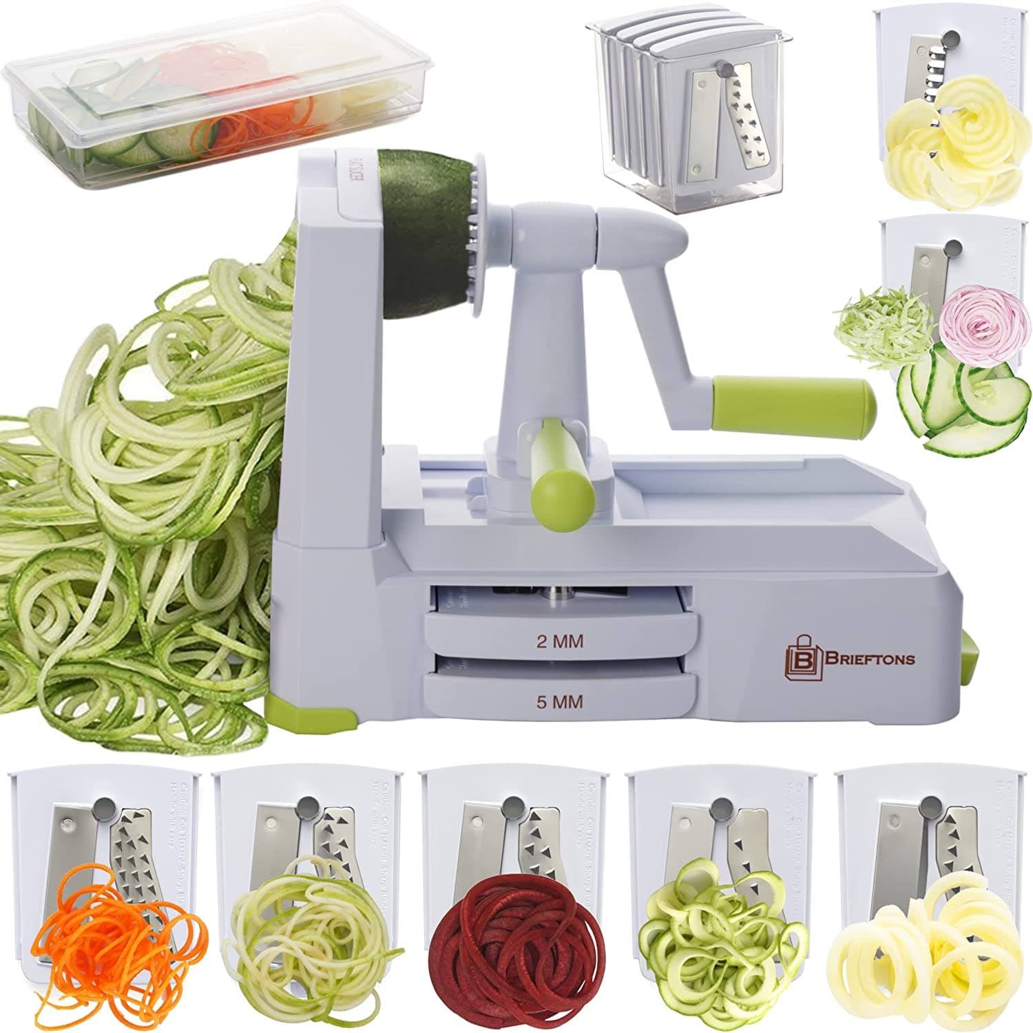  Brieftons Gemüse-Spiralschneider mit 5 Klingen: Stärkster und schwerster Spiralschneider, bester vegetarischer Pasta-Spaghetti-Maker für kohlenhydratarme / paläo- / glutenfreie / vegane Mahlzeiten, mit zusätzlichem Klingen-Caddy, 4 Rezept-E-Books 