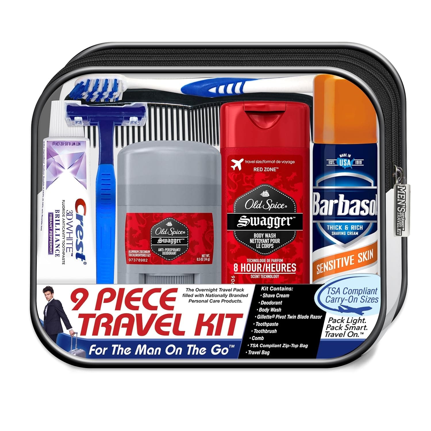  Convenience Kits International Men's Deluxe, 9-Piece Kit with Travel Size TSA Compliant Essentials , Featuring: Old Spice Products in Reuseable Toiletry Bag 