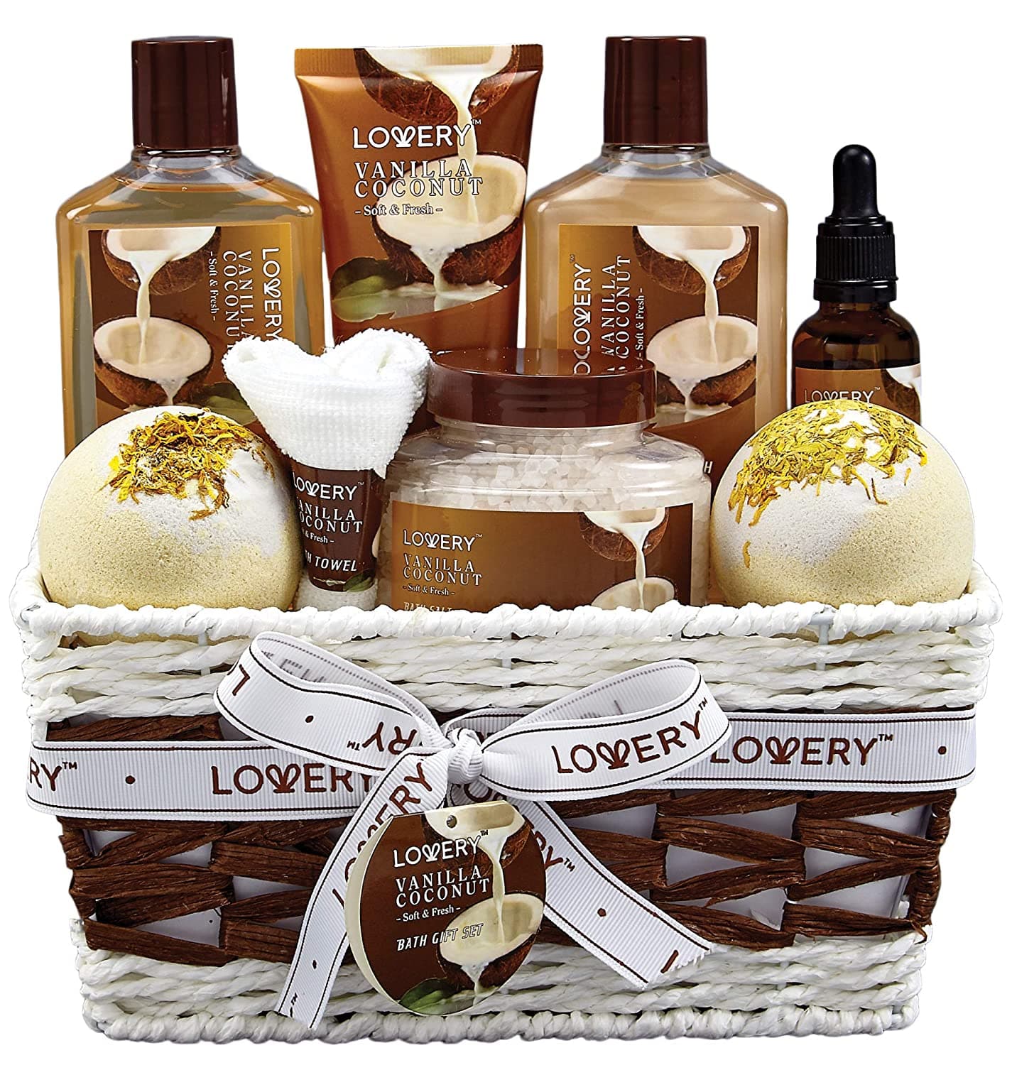  Bade- und Körper-Geschenkkorb für Damen und Herren – 9-teiliges Set Vanilla Coconut Home Spa Set, beinhaltet duftende Lotionen, extra große Badebomben, Kokosnussöl, luxuriöses Badetuch und mehr 